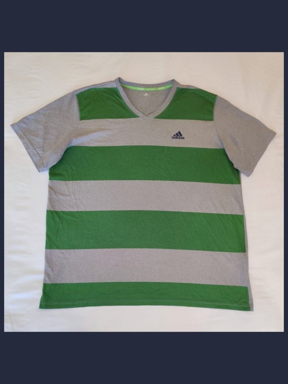 Adidas Climalite V-Neck Short-Sleeve Tee T-Shirt Striped Gray & Green Men's XL